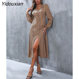 Yidouxian & NORA Women Elegant Long Sleeeve Leopard Print Sexy V Neck Midi Dress Casual Fashion Slim Fit Club Party Wear Dresses Hot