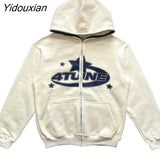 Yidouxian Men Star Letter Printed Hoodies Harajuku High Street Hooded Sweatshirts Y2K Streetwear Hip Hop Gothic Zip Up Loose Jacket Coats 1003