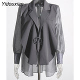 Yidouxian Lace Up Blazer For Women Notched Collar Long Sleeve Patchwork Sheer Mesh Solid Blazers Female Clothing New Fashion