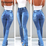 Yidouxian Women Casual Flared Jeans Fashion Sexy Skinny Split Leg Open Streetwear Fray Hole Stretch High Waist Blue Washing Denim Pants