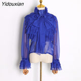 Yidouxian Perspective Tops Female Bowknot Flare Long Sleeve Ruffle Shirt Blouse Women Korean Fashion Clothes 2023 Spring