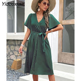 Yidouxian & NORA Women Summer Elegant V Neck Ruffle Midi Dress Short Sleeve Solid Button Up Casual Green Dresses with Belt Fashion
