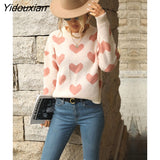 Yidouxian & NORA Women Heart Print Pink Knit Long Sleeve Round Neck Sweater Autumn Ladies Casual Loose Pullover Fashion Female Tops
