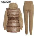 Yidouxian Solid Three Piece Set Womens Hooded Collar Sweatshirt Turtleneck Sleeve Cotton Vest High Waist Trousers Female Sets