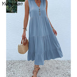Yidouxian & NORA Casual Summer Midi Dress Women Sleeveless Tank V Neck Buttons Ruffle Loose Dresses Beach Soild Sundress Fashion