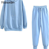 Yidouxian Piece Outfits for Women Winter 2023 Tracksuit on Fleece Oversize Long Sleeve Hoodies Sweatshirt Jogger Solid Warm Sport Suit