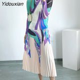 Yidouxian 2023 New Miyake Women's Fashion Print Top Stand Collar Slim Long Sleeve T-shirt Undercoat+Pleated Half Skirt