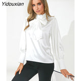 Yidouxian 2023 Fashion Women Bow Tie Blouses Spring Casual Tops Elegant Satin Lantern Sleeve Office Lady Shirts Blusas Femininas