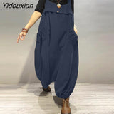 Yidouxian 2023 Casual Drop-Crotch Rompers Autumn Vintage Jumpsuits Women Corduroy Overalls Female Button Pockets Pants OL Trousers