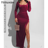 Yidouxian Velvet High Waist Slit Maxi Dress for Women Sexy Long Sleeve Bodycon Evening Party Dress Clubwear Female Vestido Autumn