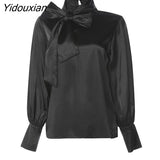 Yidouxian 2023 Fashion Women Bow Tie Blouses Spring Casual Tops Elegant Satin Lantern Sleeve Office Lady Shirts Blusas Femininas