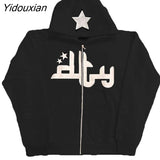 Yidouxian Men Star Letter Printed Hoodies Harajuku High Street Hooded Sweatshirts Y2K Streetwear Hip Hop Gothic Zip Up Loose Jacket Coats 1003