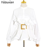 Yidouxian Elegant Patchwork Ruffle Sashes Blouse For Women Stand Collar Long Sleeve Korean Tunic Blouse Female Fashion New