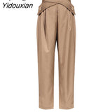 Yidouxian Casual Irregular Trousers For Women High Waist Lace Up Button Straight Slim Pants Female Autumn Fashion New 2023