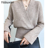 Yidouxian Korean Fashion Knitting Sweaters For Women V Neck Long Sleeve Loose Solid Pullovers Female Autumn Clothing Fashion