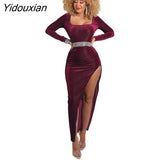 Yidouxian Velvet High Waist Slit Maxi Dress for Women Sexy Long Sleeve Bodycon Evening Party Dress Clubwear Female Vestido Autumn