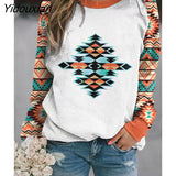 Yidouxian Autumn Winter Retro Western Ethnic Geometric Print Sweatshirt Women's Casual Round Neck Vintage Loose Street Sweatshirts