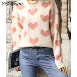 Yidouxian & NORA Women Heart Print Pink Knit Long Sleeve Round Neck Sweater Autumn Ladies Casual Loose Pullover Fashion Female Tops