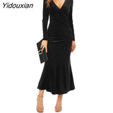 Yidouxian Autumn Velvet Bodycon Black Midi Dress for Women Long Sleeve Ruched Slim Fit Evening Dress Female Party Clubwear Vestido