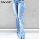 Yidouxian Women Casual Flared Jeans Fashion Sexy Skinny Split Leg Open Streetwear Fray Hole Stretch High Waist Blue Washing Denim Pants