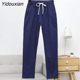 Yidouxian Summer Woman Pants Cotton Linen Elastic Waist Harem Pants Loose Casual Solid Linens Ankle Length Capris Women's Trousers