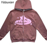 Yidouxian Men Star Letter Printed Hoodies Harajuku High Street Hooded Sweatshirts Y2K Streetwear Hip Hop Gothic Zip Up Loose Jacket Coats 1003