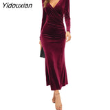 Yidouxian Autumn Velvet Bodycon Black Midi Dress for Women Long Sleeve Ruched Slim Fit Evening Dress Female Party Clubwear Vestido