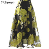 Yidouxian Vintage Print Floral Skirt For Women High Waist A Line Colorblock Loose Midi Skirts Female Summer Clothing Fashion