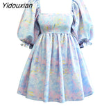 Yidouxian Sweet Women Digital Printing Square Neck Dress 2023 Lantern Short-sleeve with Open Back Puffy French Princess Dresses