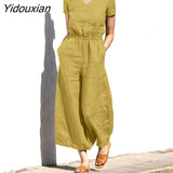 Yidouxian ZANZEA Femme V-Neck Short Sleeve Button Pockets Rompers Women Summer Solid Jumpsuit Elegant Vintage Casual Oversized Pant