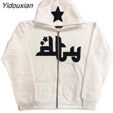 Yidouxian Men Star Letter Printed Hoodies Harajuku High Street Hooded Sweatshirts Y2K Streetwear Hip Hop Gothic Zip Up Loose Jacket Coats