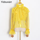 Yidouxian Perspective Tops Female Bowknot Flare Long Sleeve Ruffle Shirt Blouse Women Korean Fashion Clothes 2023 Spring