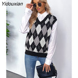Yidouxian & NORA Women Plaid Print Sleeveless V Neck Knit Sweater Vest Ladies Fashion Patchwork Loose Casual Pullover Tops Oversize