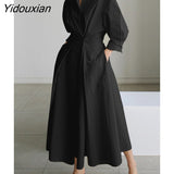 Yidouxian Ladies Autumn Slim Shirt Dress Elegant Long Sleeve Lapel Neck Maxi Dress Women Solid Color Casual Vestidos Femme Robe