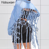 Yidouxian Womens Autumn 2023 New Fit Crop Tops Back Grid Tassel Design Long Sleeve Jean Coat Ladies Casual Street Denim Jacket