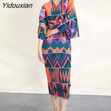 Yidouxian 2023 New Printed Bat Sleeve Dress V-neck Three Quarter Sleeve Fashion Pleated Long Dress Elegant Women's Clothing