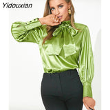 Yidouxian 2023 Fashion Women Bow Tie Blouses Spring Casual Tops Elegant Satin Lantern Sleeve Office Lady Shirts Blusas Femininas