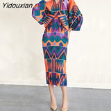 Yidouxian 2023 New Printed Bat Sleeve Dress V-neck Three Quarter Sleeve Fashion Pleated Long Dress Elegant Women's Clothing