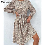 Yidouxian & NORA Women Elegant Floral Printed Midi Pleated Dresses Spring Summer Casual O Neck Long Sleeve Ladies Chic Belt Fold Dress