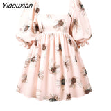 Yidouxian Sweet Women Digital Printing Square Neck Dress 2023 Lantern Short-sleeve with Open Back Puffy French Princess Dresses