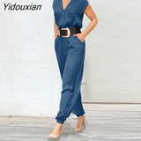 Yidouxian Lapel Short Sleeve Overalls Women Fashion Long Jumpsuits 2023 Summer Solid OL Rompers Casual Loose Maxi Playsuit Oversize