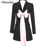 Yidouxian Backless Hit Color Bowknot Lace-up Women's Blazer Notched Long Sleeves Slim Fit Coats Female 2023 Spring Fashion