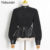 Yidouxian Black Pu Leather Blouse Ruffle High Waist Patchwork Knitted Lantern Sleeves Streetwear Blouses 2023 Fashion New