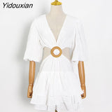 Yidouxian White Sexy Dress For Women V Neck Lantern Half Sleeve Hollow Out High Waist Mini Dresses Female Summer New Clothing