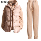 Yidouxian Solid Three Piece Set Womens Hooded Collar Sweatshirt Turtleneck Sleeve Cotton Vest High Waist Trousers Female Sets