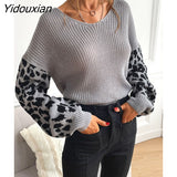 Yidouxian & NORA Women Leopard Long Sleeve Round Neck Knit Loose Sweater Casual Fashion Soild Colour Patchwork Blouse Tops Pullover