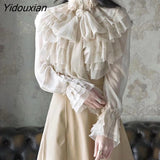 Yidouxian Perspective Tops Female Bowknot Flare Long Sleeve Ruffle Shirt Blouse Women Korean Fashion Clothes 2023 Spring