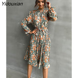 Yidouxian & NORA Women Autumn Long Sleeve Floral Printed Casual Pleated Midi Dress High Collar Slim Fit Ruffle Vestidos With Belt New