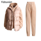 Yidouxian Solid Three Piece Set Womens Hooded Collar Sweatshirt Turtleneck Sleeve Cotton Vest High Waist Trousers Female Sets