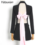 Yidouxian Backless Hit Color Bowknot Lace-up Women's Blazer Notched Long Sleeves Slim Fit Coats Female 2023 Spring Fashion